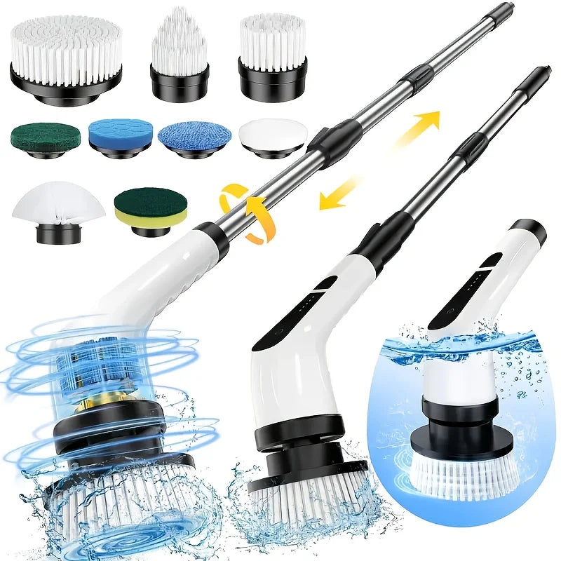 Cordless Electric Rotary Cleaning Brush with 9 Brush Heads - LED Power Display, IPX7 Waterproof, For Floors Cars Bathrooms